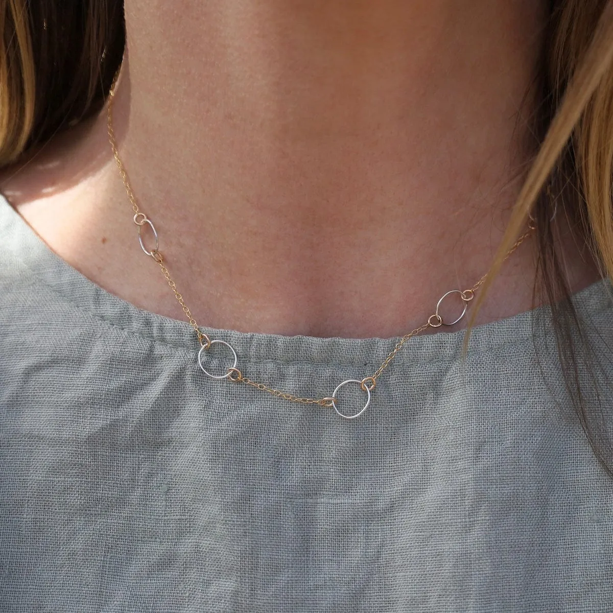14k Gold Filled Chain with Small Sterling Silver Hoops Necklace
