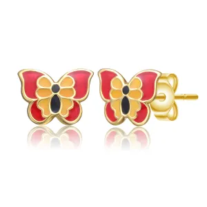 14k Gold Plated Red, Black & Yellow Enamel Butterfly Stud Earrings