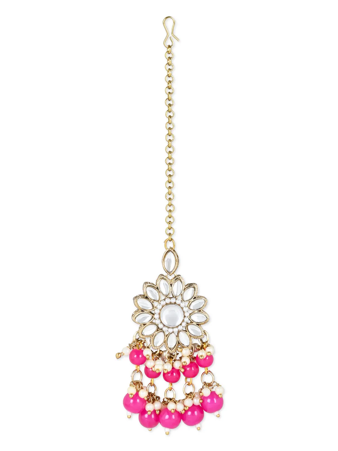 18K Gold Plated Traditional Kundan Studded Pearl Hanging Choker Necklace Jewellery Set With Earrings & Maang Tikka For Women & Girls