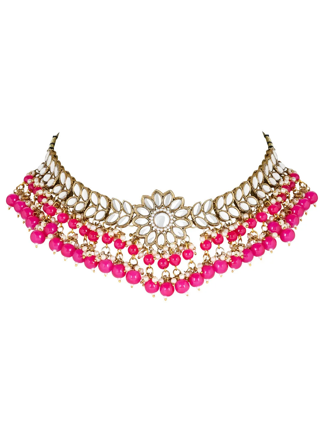 18K Gold Plated Traditional Kundan Studded Pearl Hanging Choker Necklace Jewellery Set With Earrings & Maang Tikka For Women & Girls