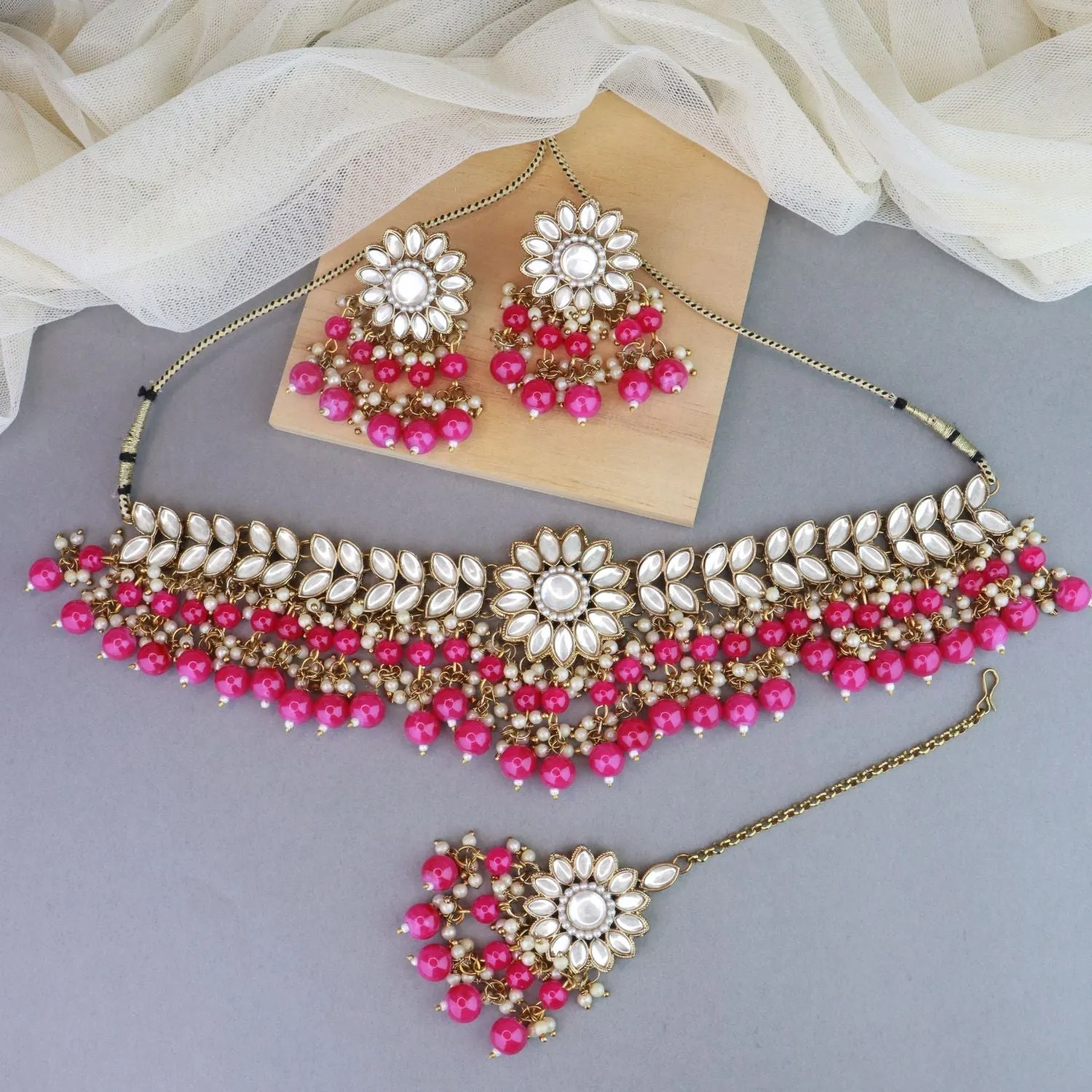18K Gold Plated Traditional Kundan Studded Pearl Hanging Choker Necklace Jewellery Set With Earrings & Maang Tikka For Women & Girls