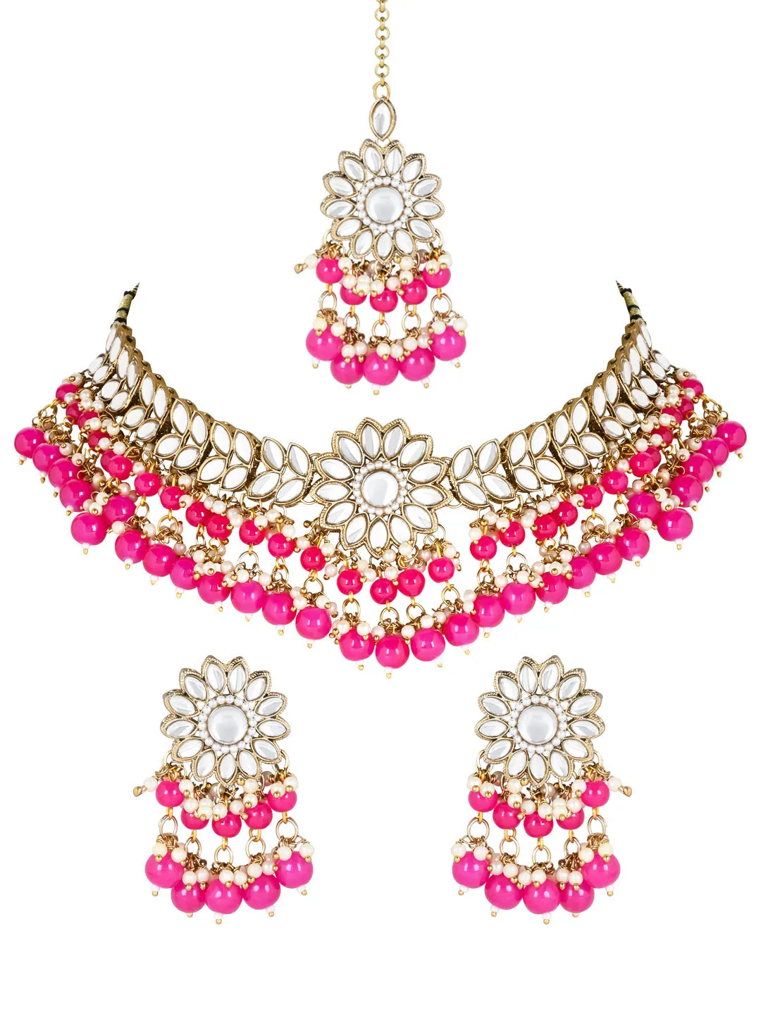 18K Gold Plated Traditional Kundan Studded Pearl Hanging Choker Necklace Jewellery Set With Earrings & Maang Tikka For Women & Girls
