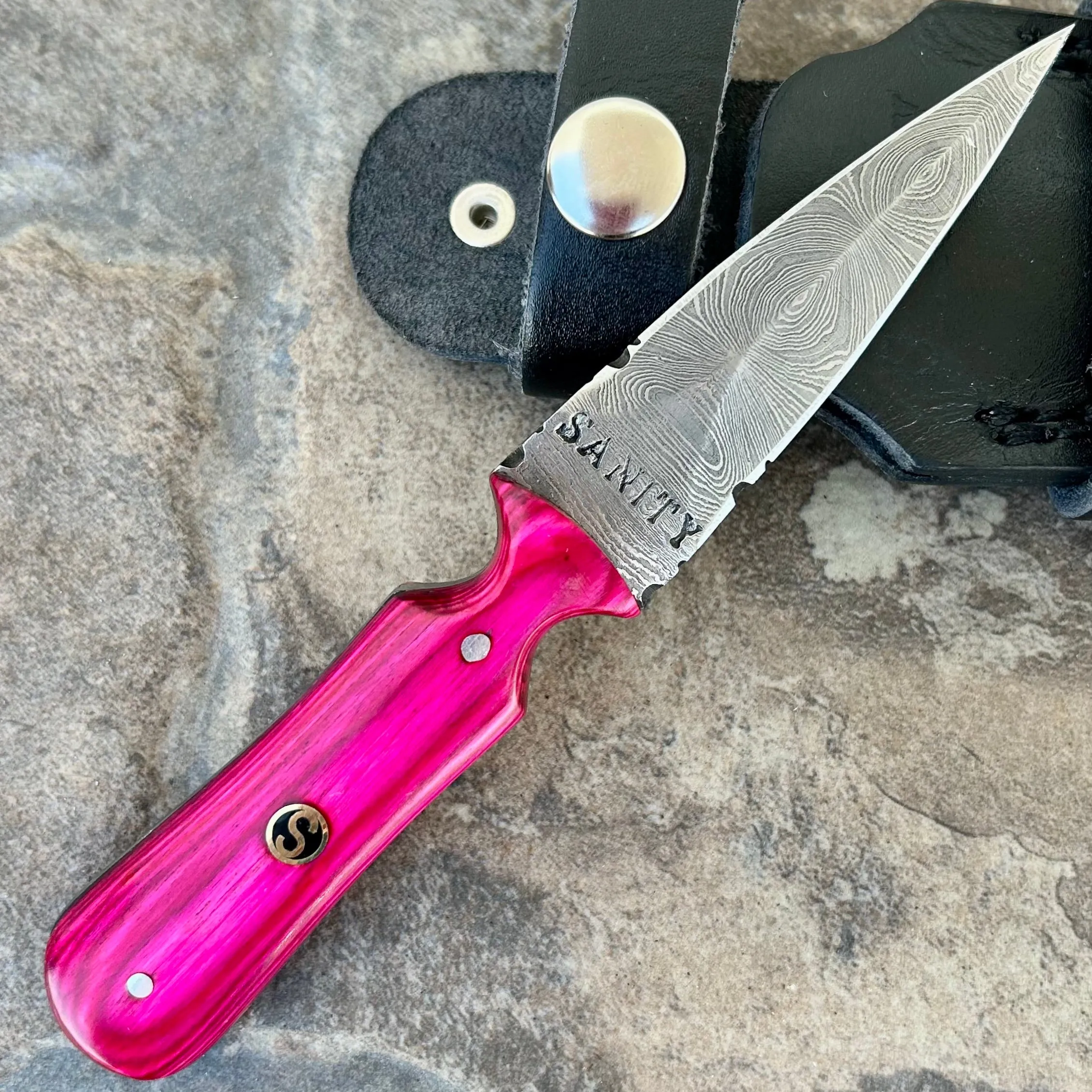 6” Bonnie & Clyde - Pink Wood - Damascus - Horizontal & Vertical Carry - BC03