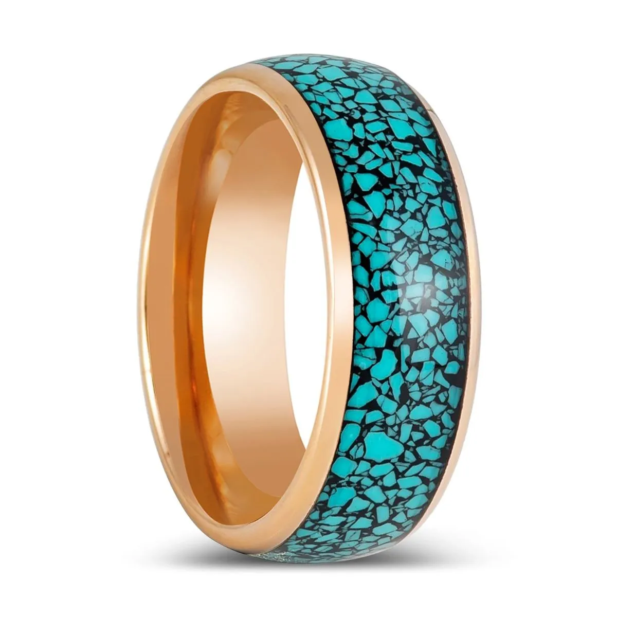 AQUAGLAZE | Rose Gold Tungsten Ring, Domed Ring, Blue Turquoise Inlay