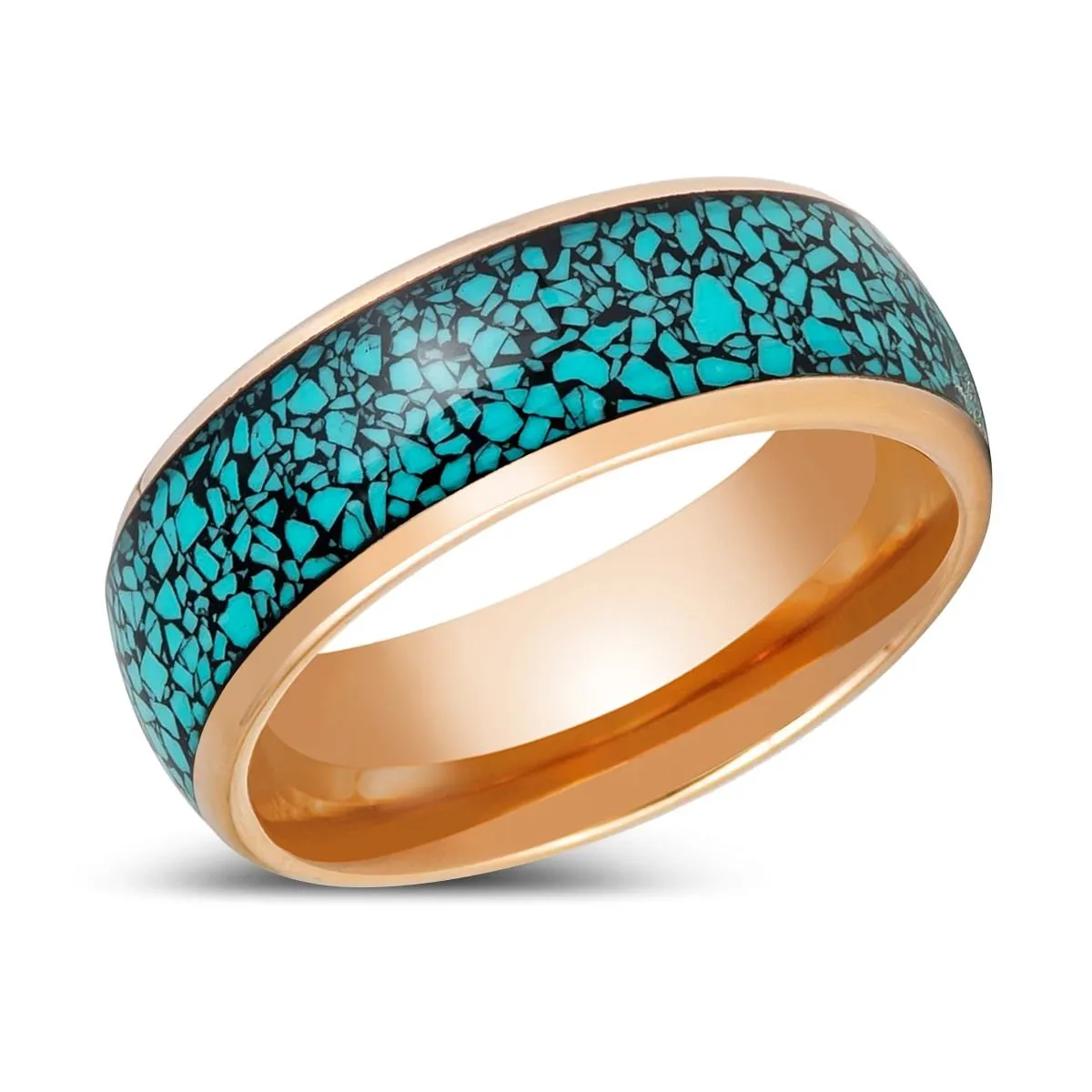 AQUAGLAZE | Rose Gold Tungsten Ring, Domed Ring, Blue Turquoise Inlay