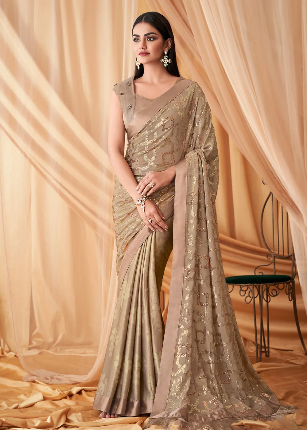 Beige Shimmer Georgette Silk Embroidered Festive Party Saree