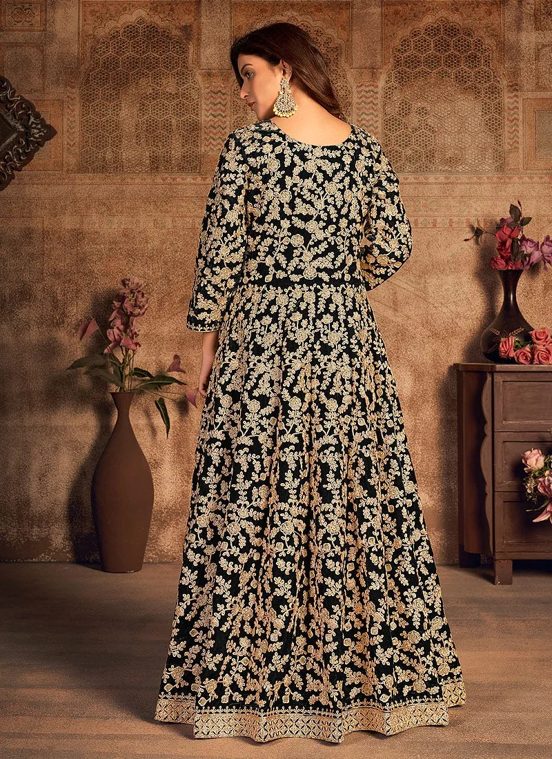 Black Velvet Abaya Style Floor Length Anarkali Suit