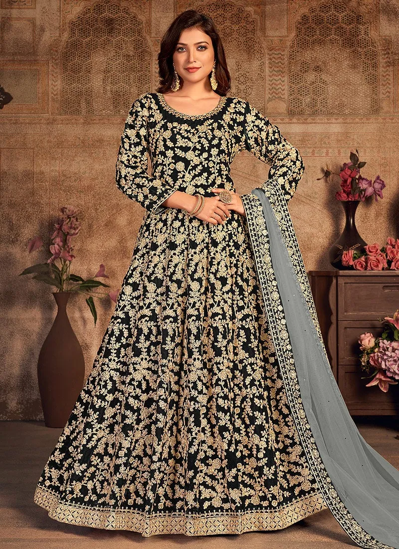 Black Velvet Abaya Style Floor Length Anarkali Suit