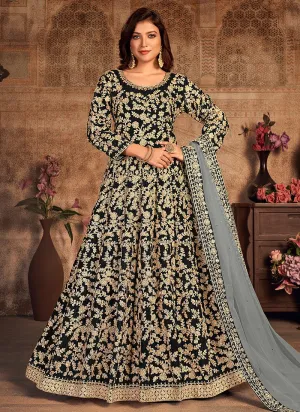 Black Velvet Abaya Style Floor Length Anarkali Suit
