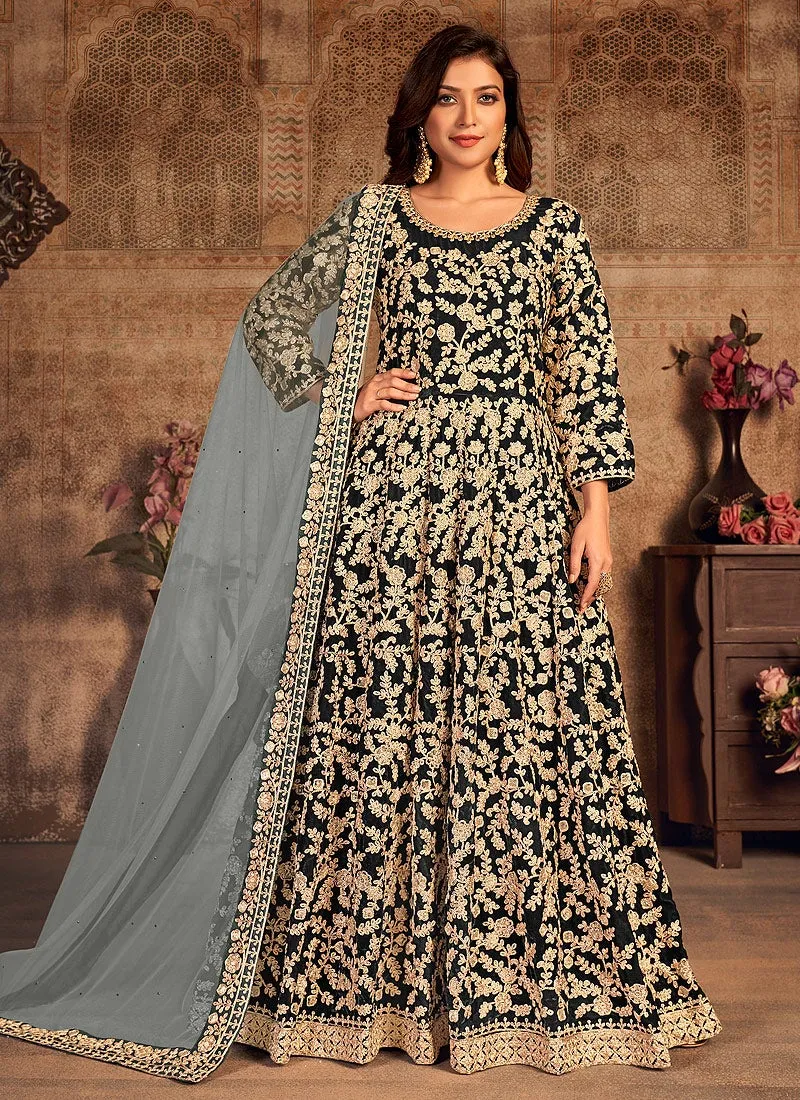 Black Velvet Abaya Style Floor Length Anarkali Suit