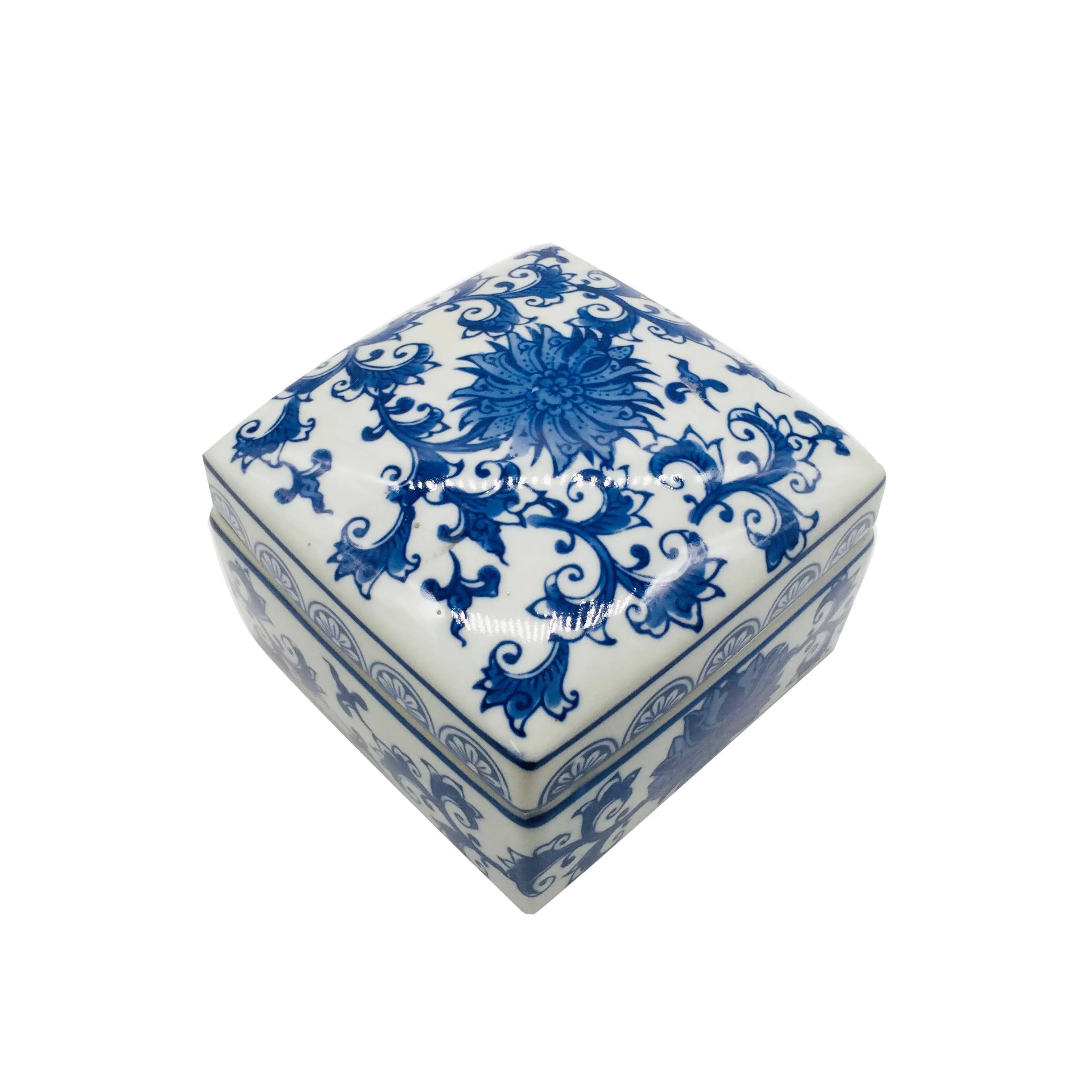 Blue & White Chinoiserie Square Ceramic Box - Lotus