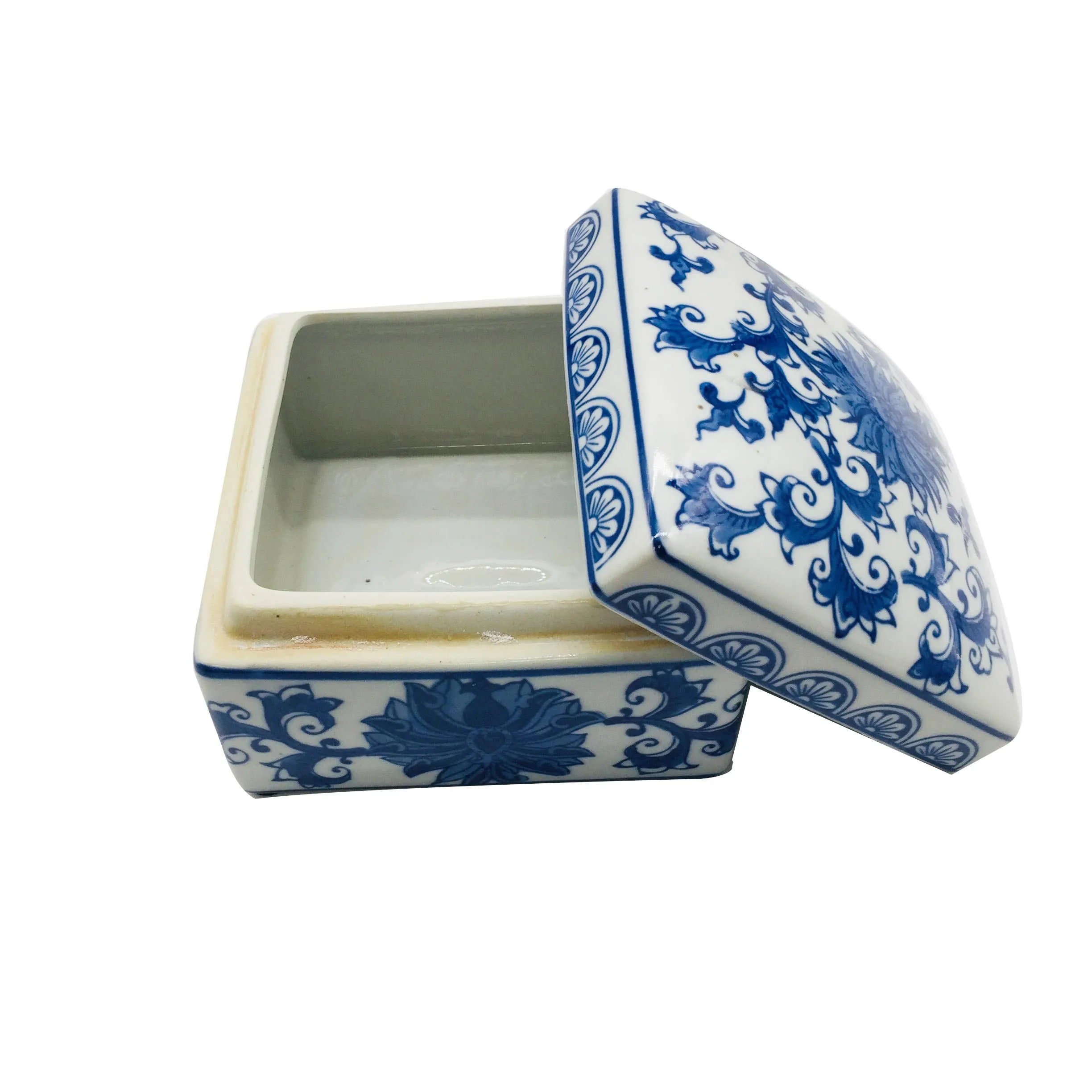 Blue & White Chinoiserie Square Ceramic Box - Lotus