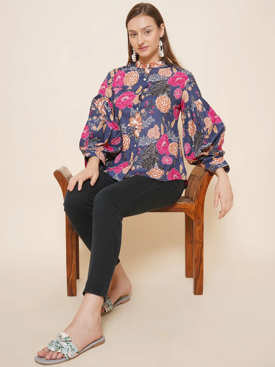 Blue Floral Printed Shirt Style Top