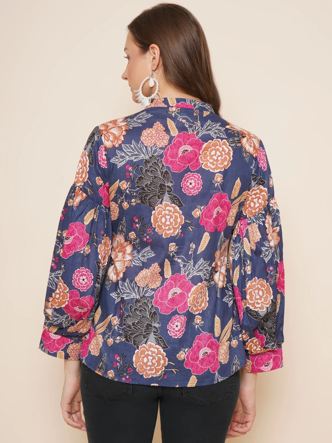 Blue Floral Printed Shirt Style Top