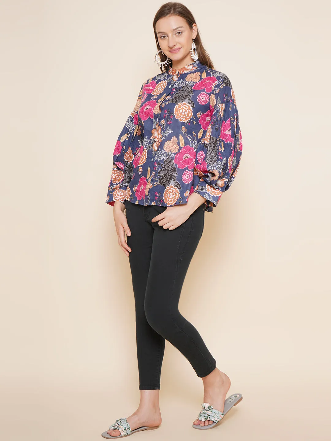 Blue Floral Printed Shirt Style Top