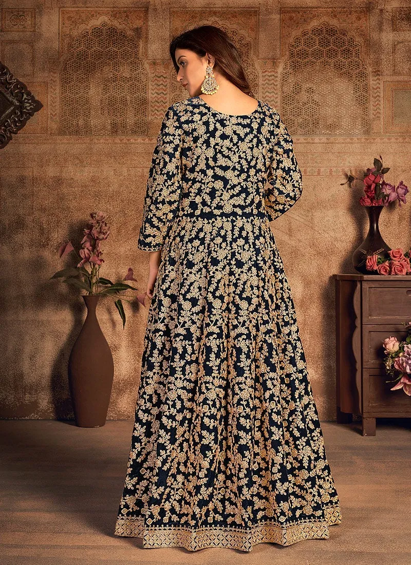 Blue Velvet Abaya Style Floor Length Anarkali Suit