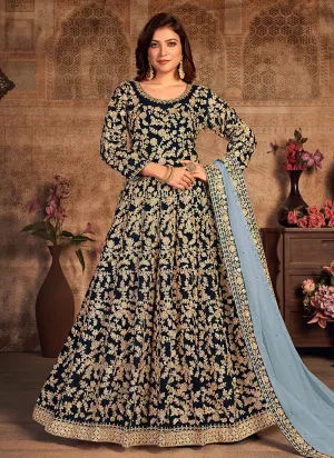 Blue Velvet Abaya Style Floor Length Anarkali Suit