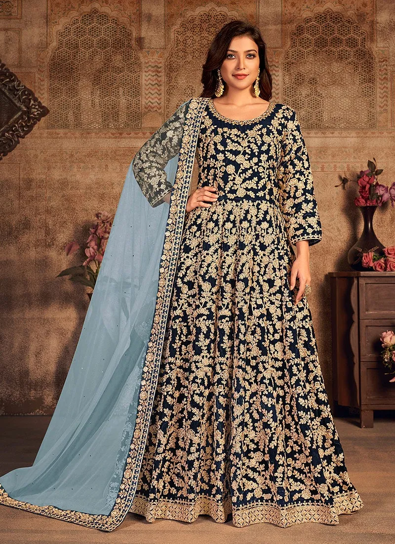 Blue Velvet Abaya Style Floor Length Anarkali Suit
