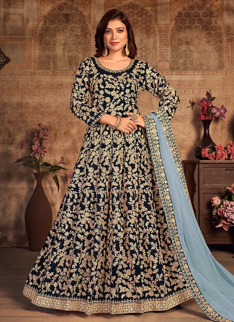 Blue Velvet Abaya Style Floor Length Anarkali Suit