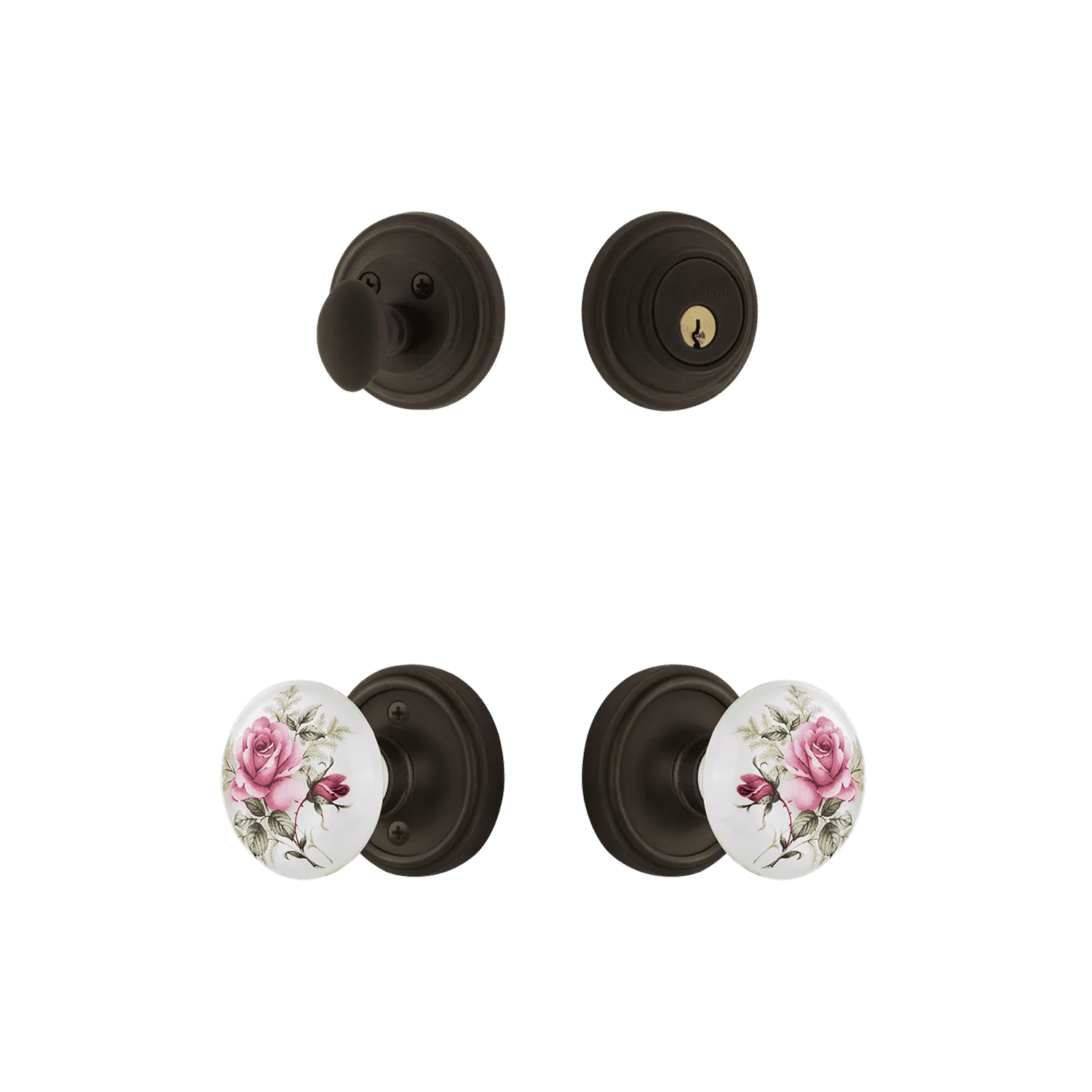 Classic Rosette Entry Set with White Rose Porcelain Knob in Oil-Rubbed Bronze
