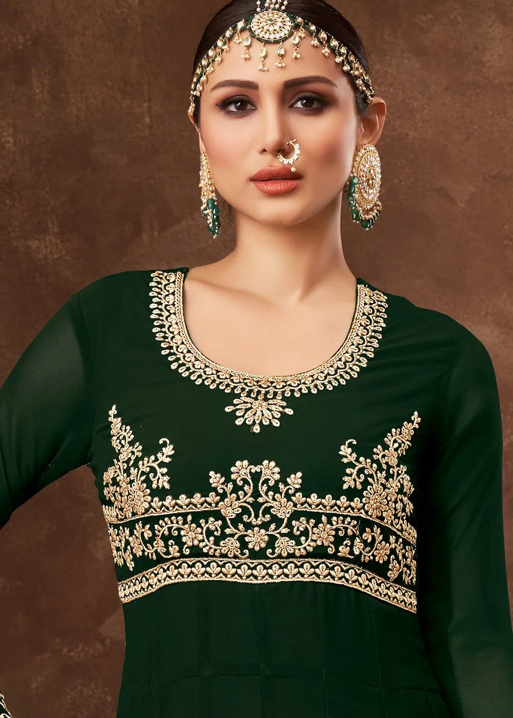 Dark Green Ghera Detailed Embroidered Designer Anarkali