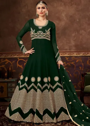 Dark Green Ghera Detailed Embroidered Designer Anarkali