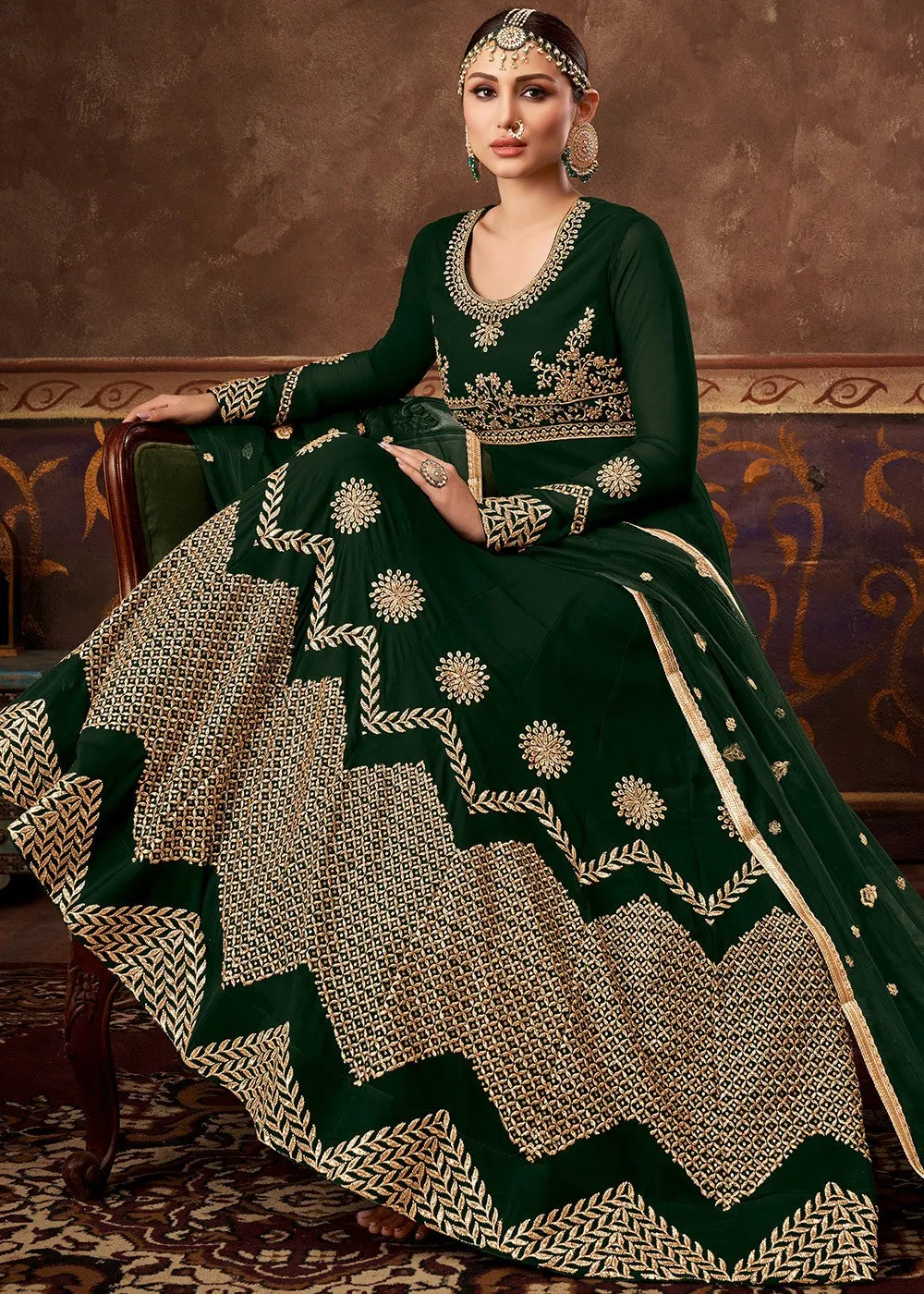 Dark Green Ghera Detailed Embroidered Designer Anarkali
