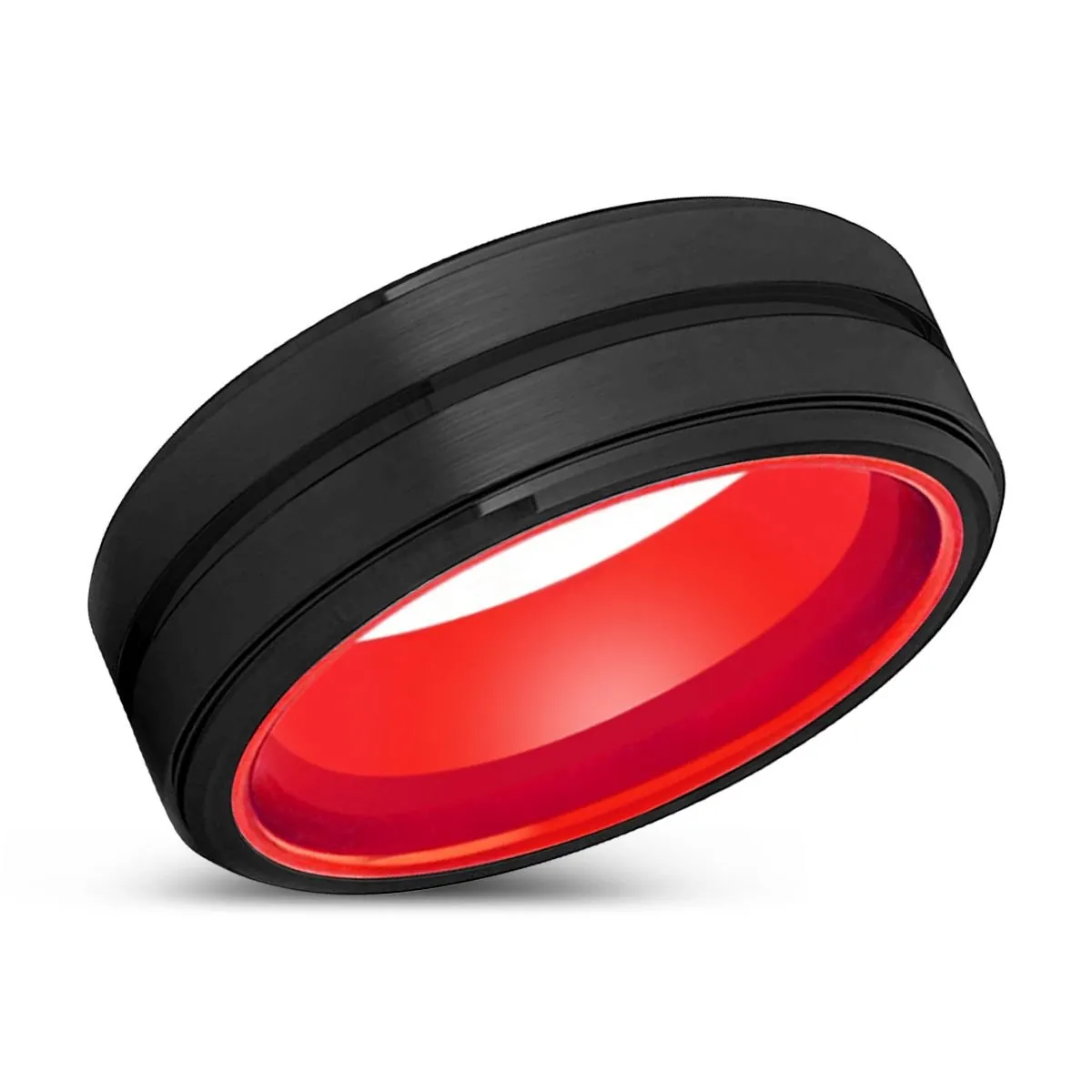 DOOMS | Red Ring, Black Tungsten Ring, Grooved, Stepped Edge