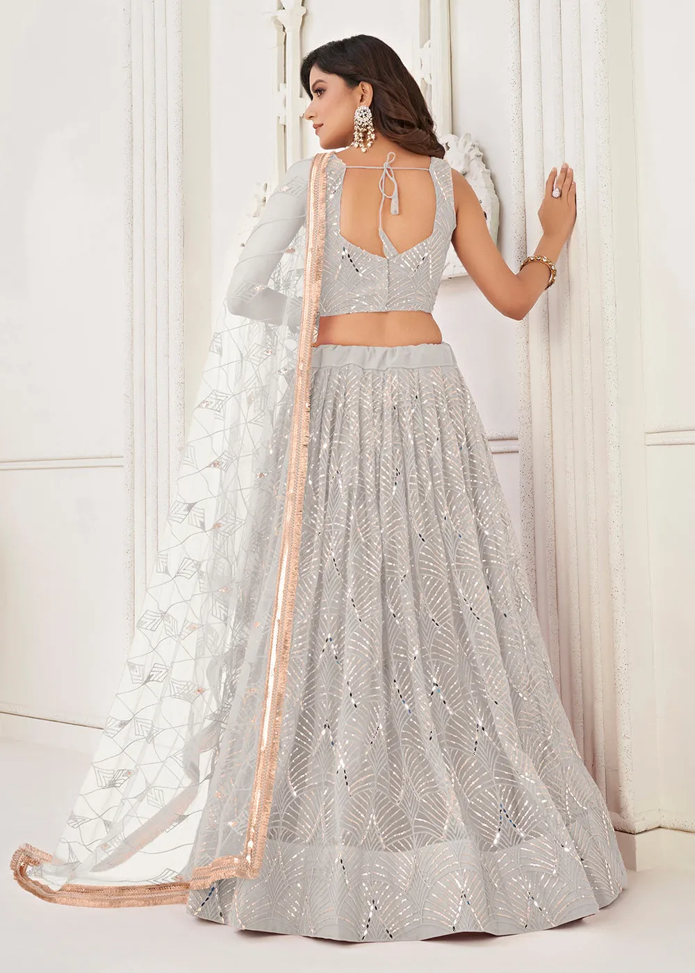 Embroidered Net White Sangeet & Wedding Wear Lehenga Choli
