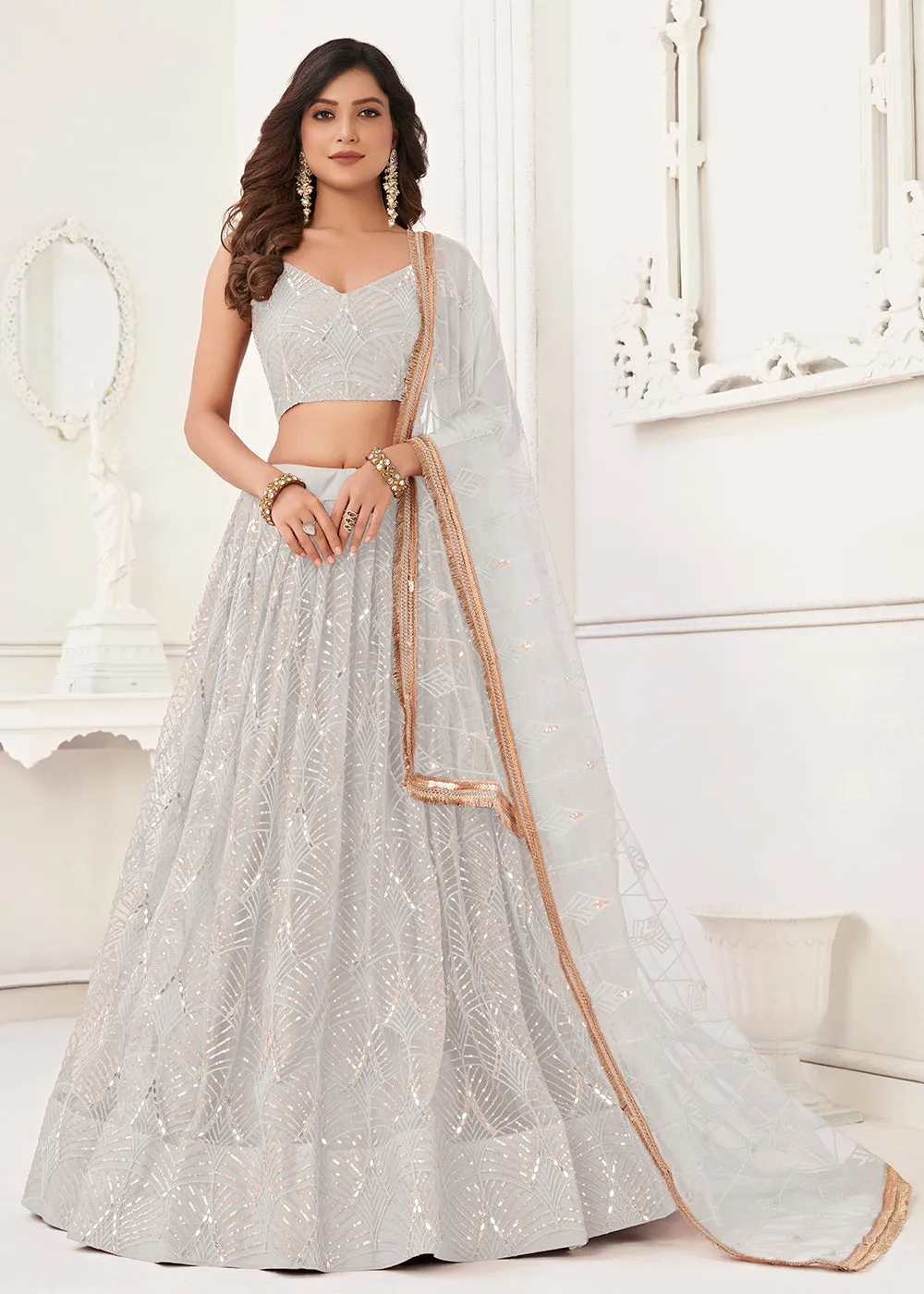 Embroidered Net White Sangeet & Wedding Wear Lehenga Choli