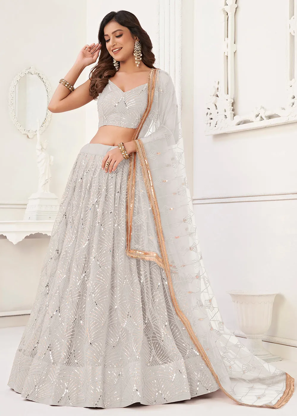 Embroidered Net White Sangeet & Wedding Wear Lehenga Choli