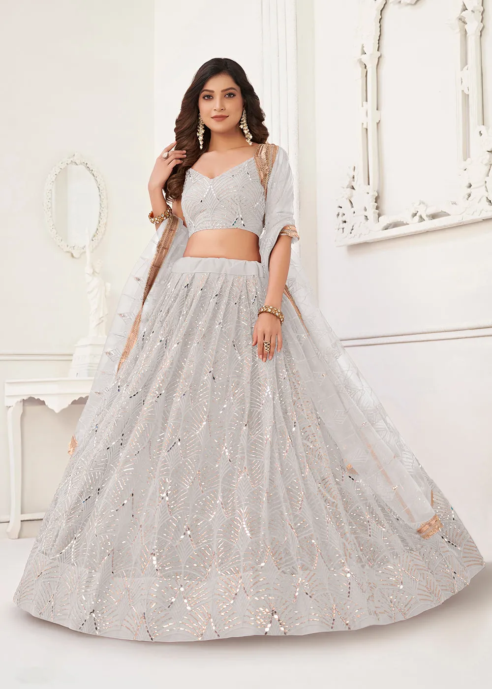 Embroidered Net White Sangeet & Wedding Wear Lehenga Choli