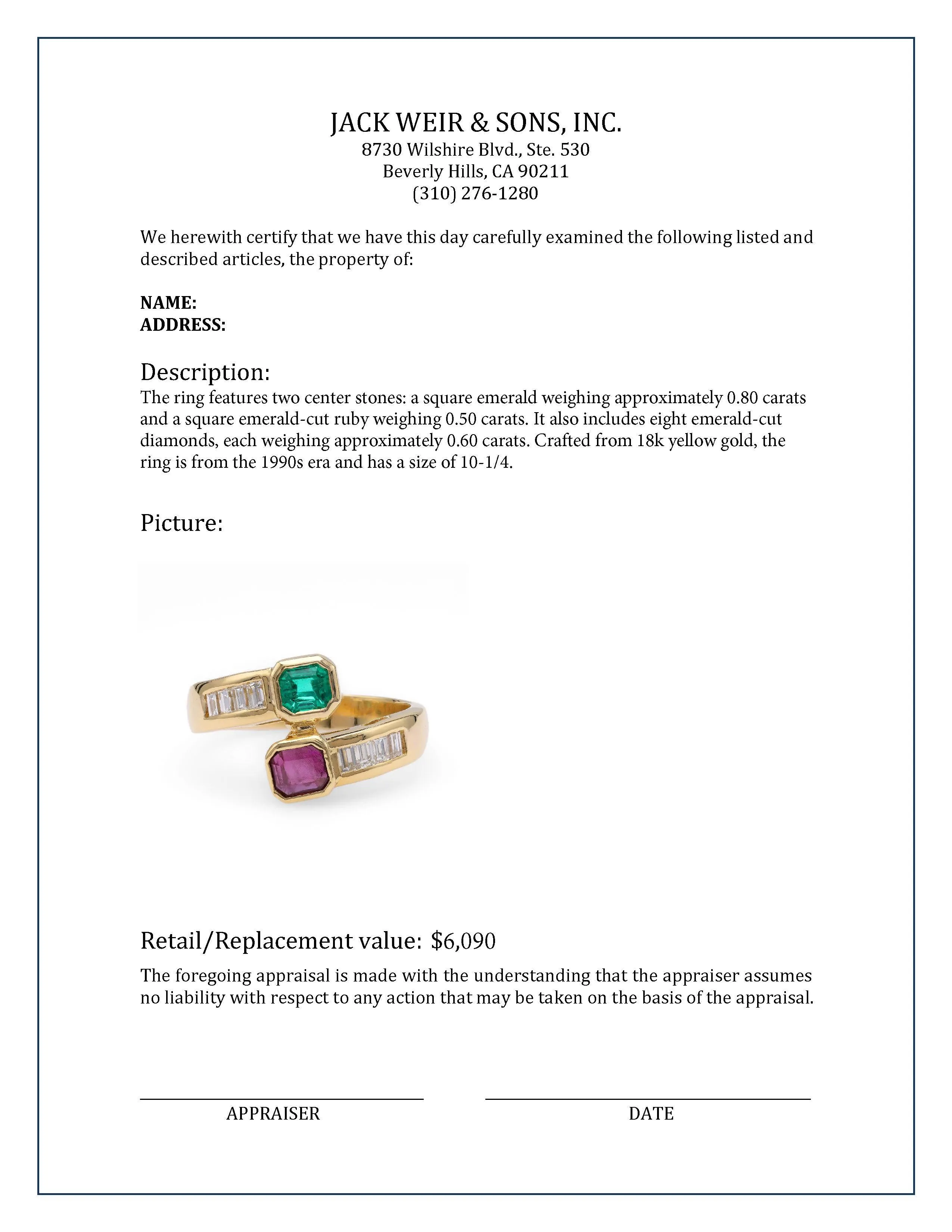 Emerald Ruby Diamond Yellow Gold Bypass Ring