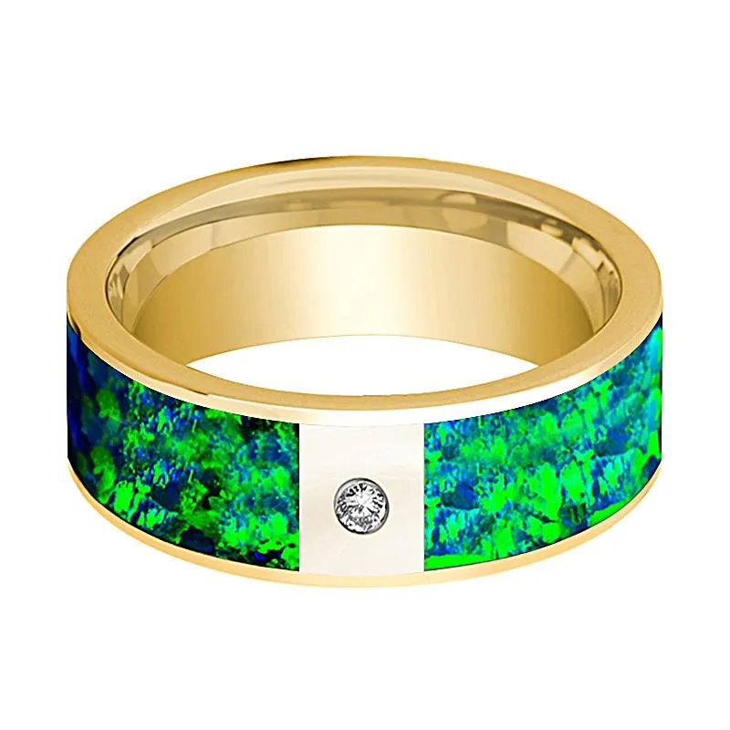 Flat Polished 14k Yellow Gold and Diamond Men's Wedding Band with Emerald Green and Sapphire Blue Opal Inlay - 8MM