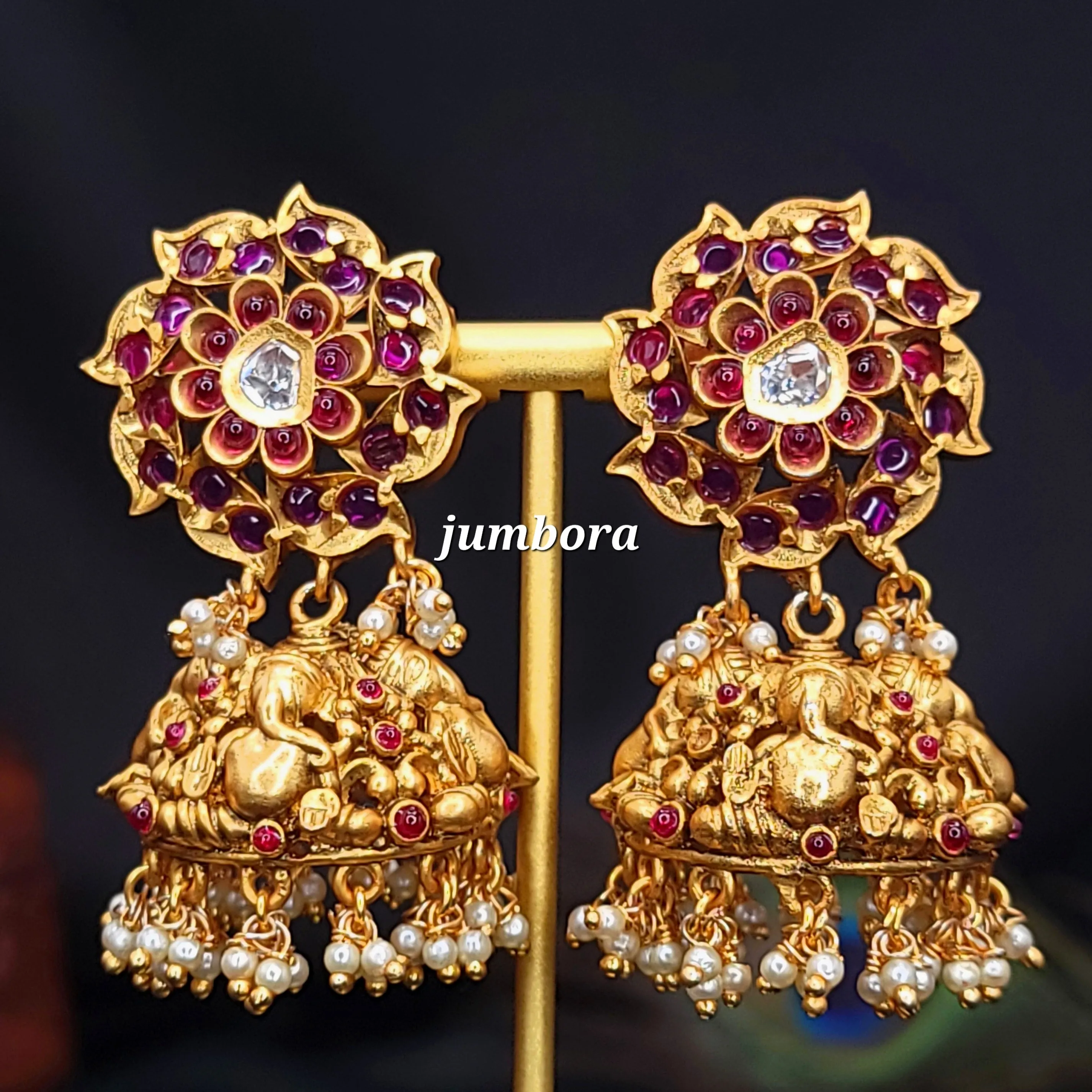 Ganesha Red Gold Big Jhumka Kemp Earring