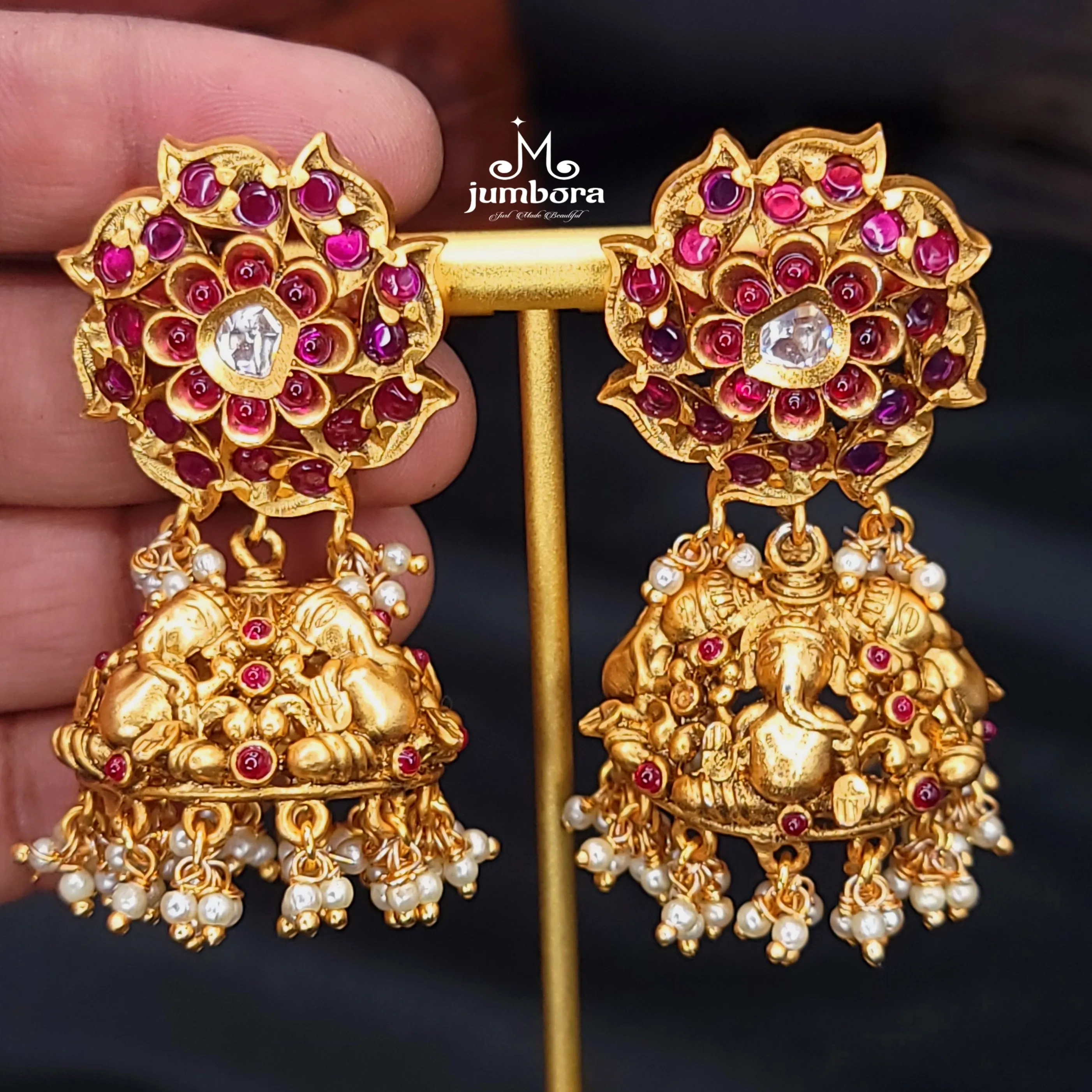 Ganesha Red Gold Big Jhumka Kemp Earring