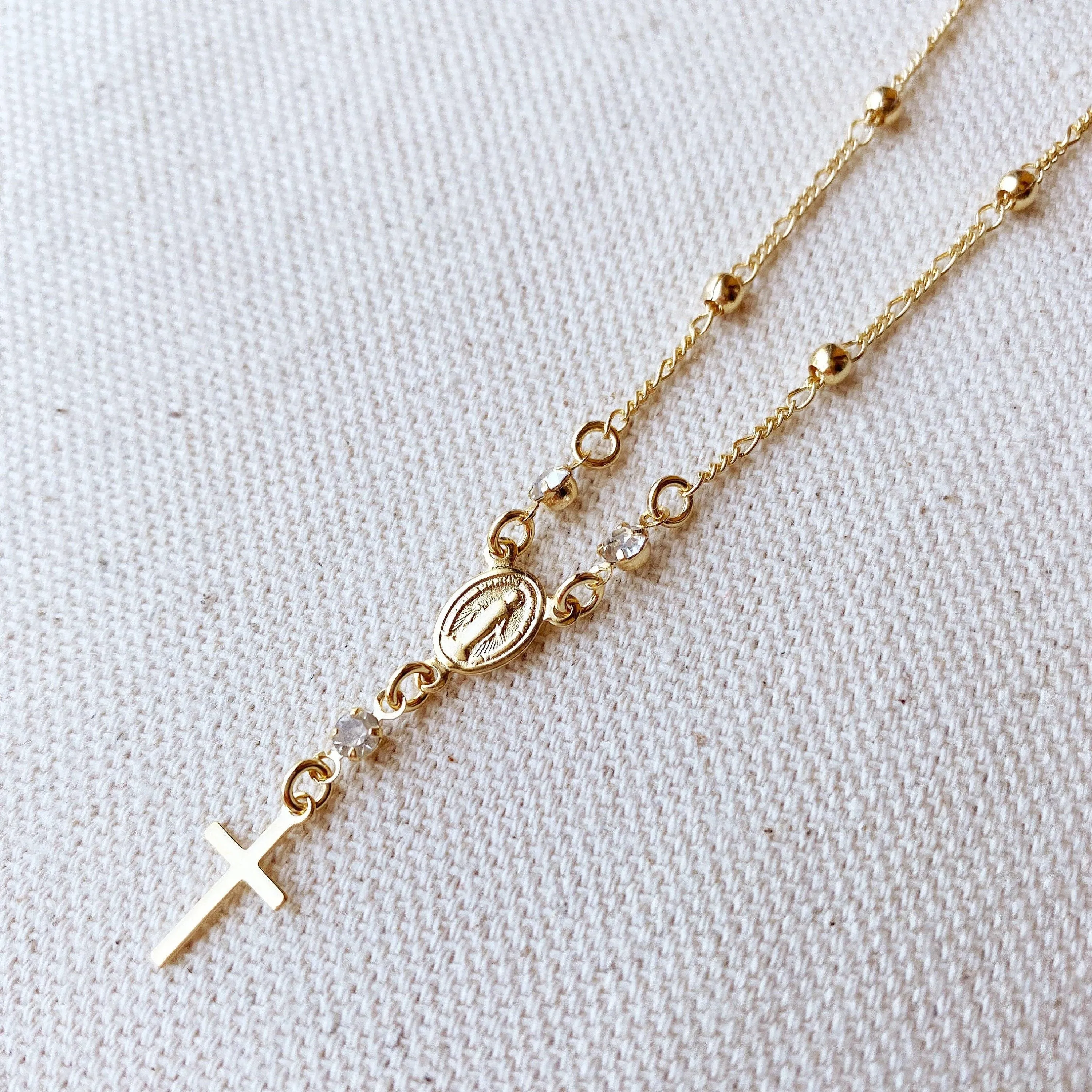 GoldFi - 18k Gold Filled Rosary Ball Chain and Small Plain Cross Conf