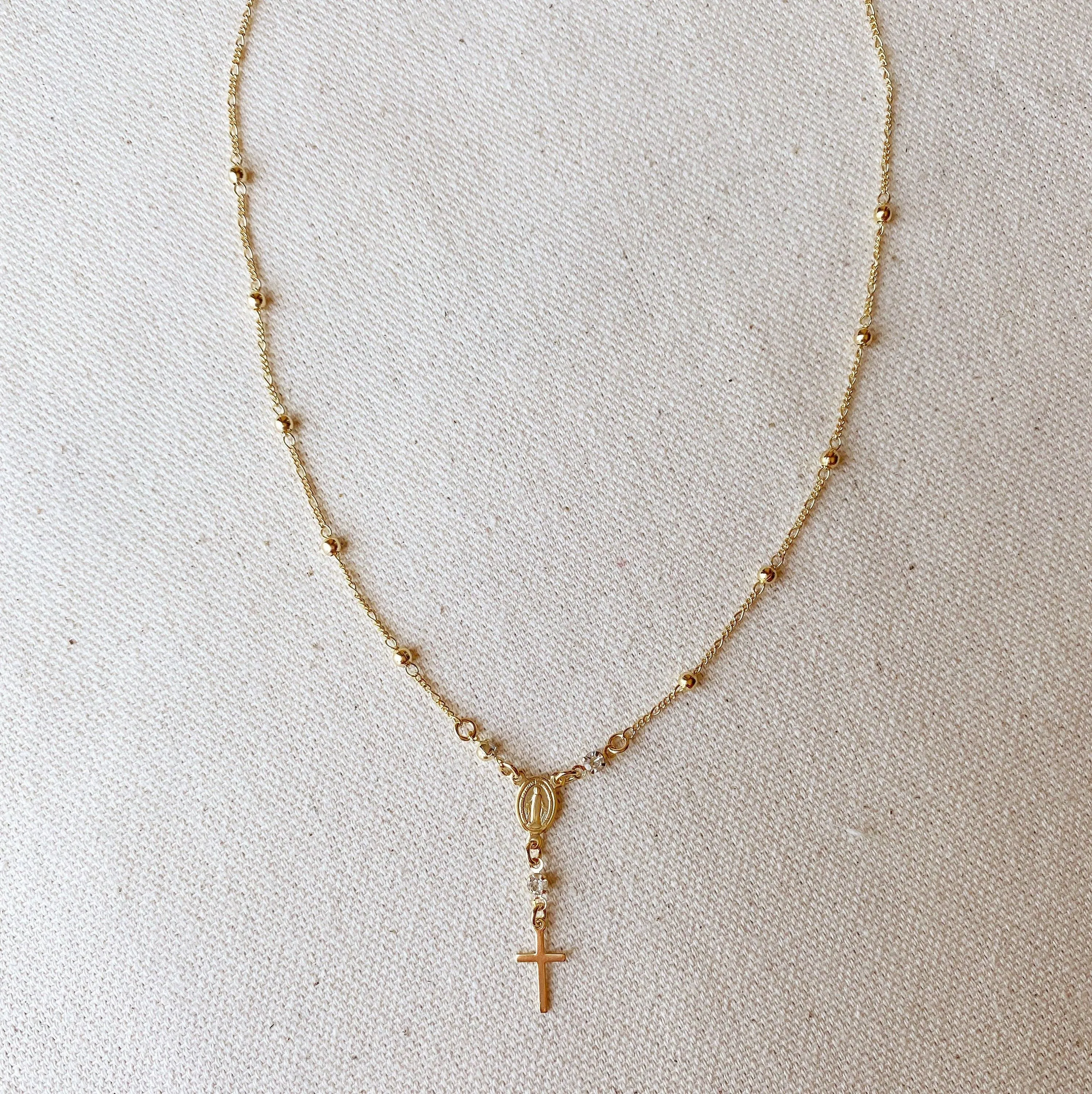 GoldFi - 18k Gold Filled Rosary Ball Chain and Small Plain Cross Conf