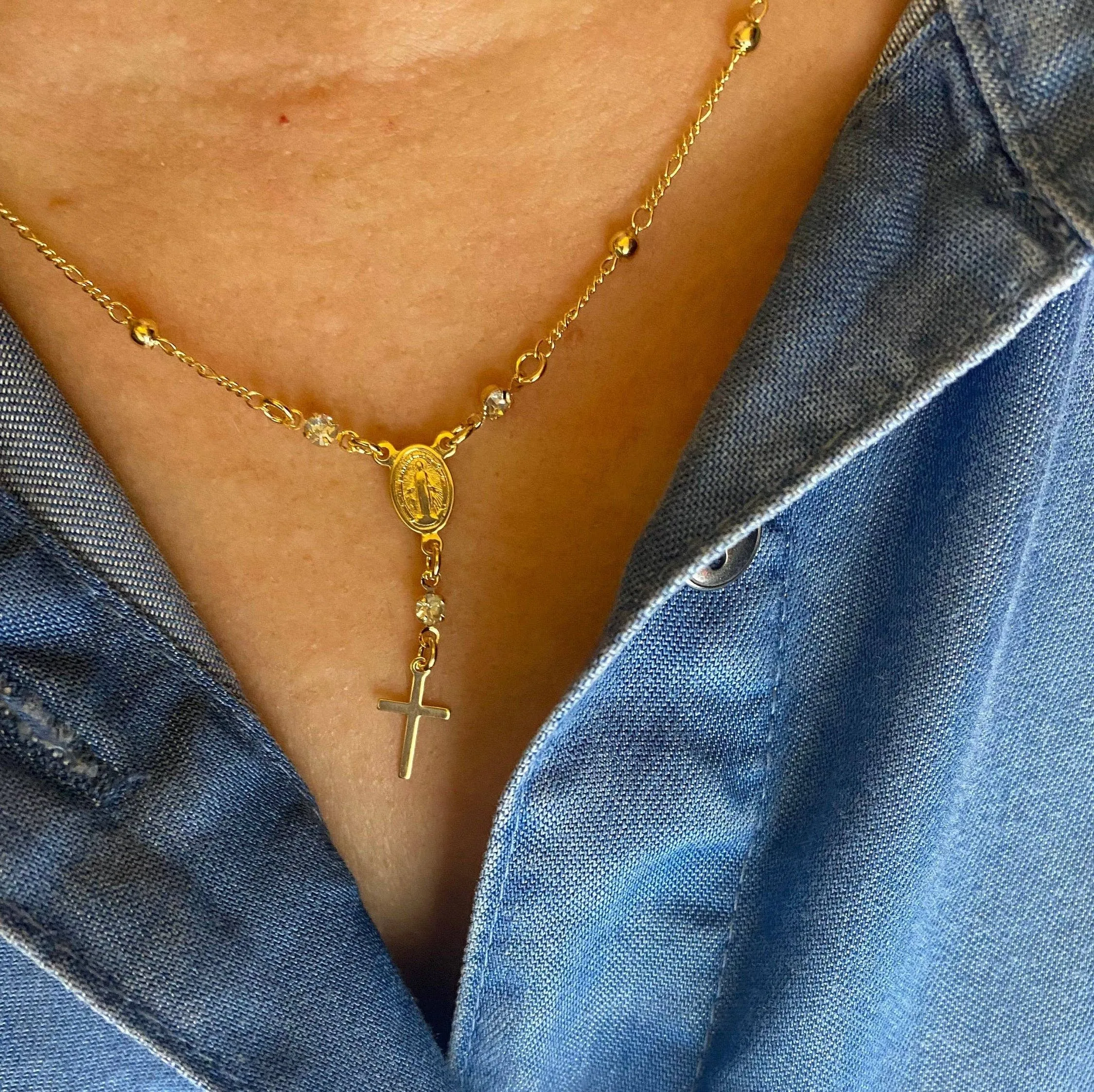 GoldFi - 18k Gold Filled Rosary Ball Chain and Small Plain Cross Conf