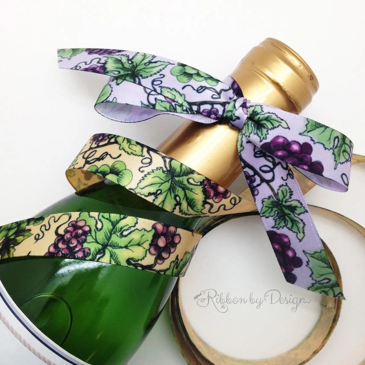 Grapes Ribbon with grape leaves on 5/8" raw silk single face satin