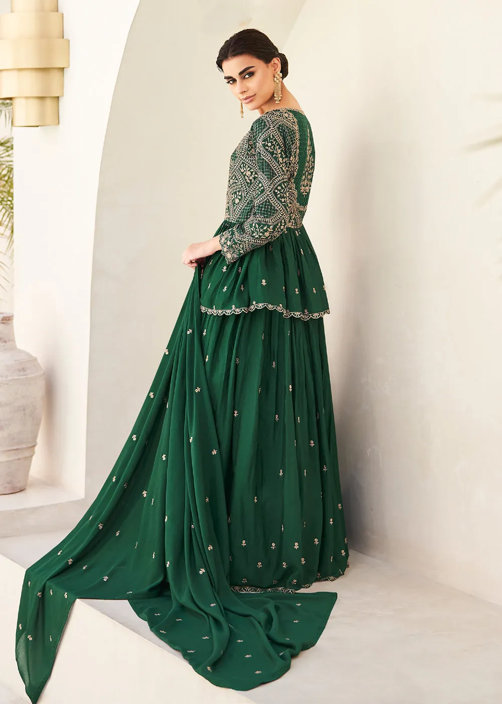 Green Embroidered Wedding Party Lehenga Skirt Suit