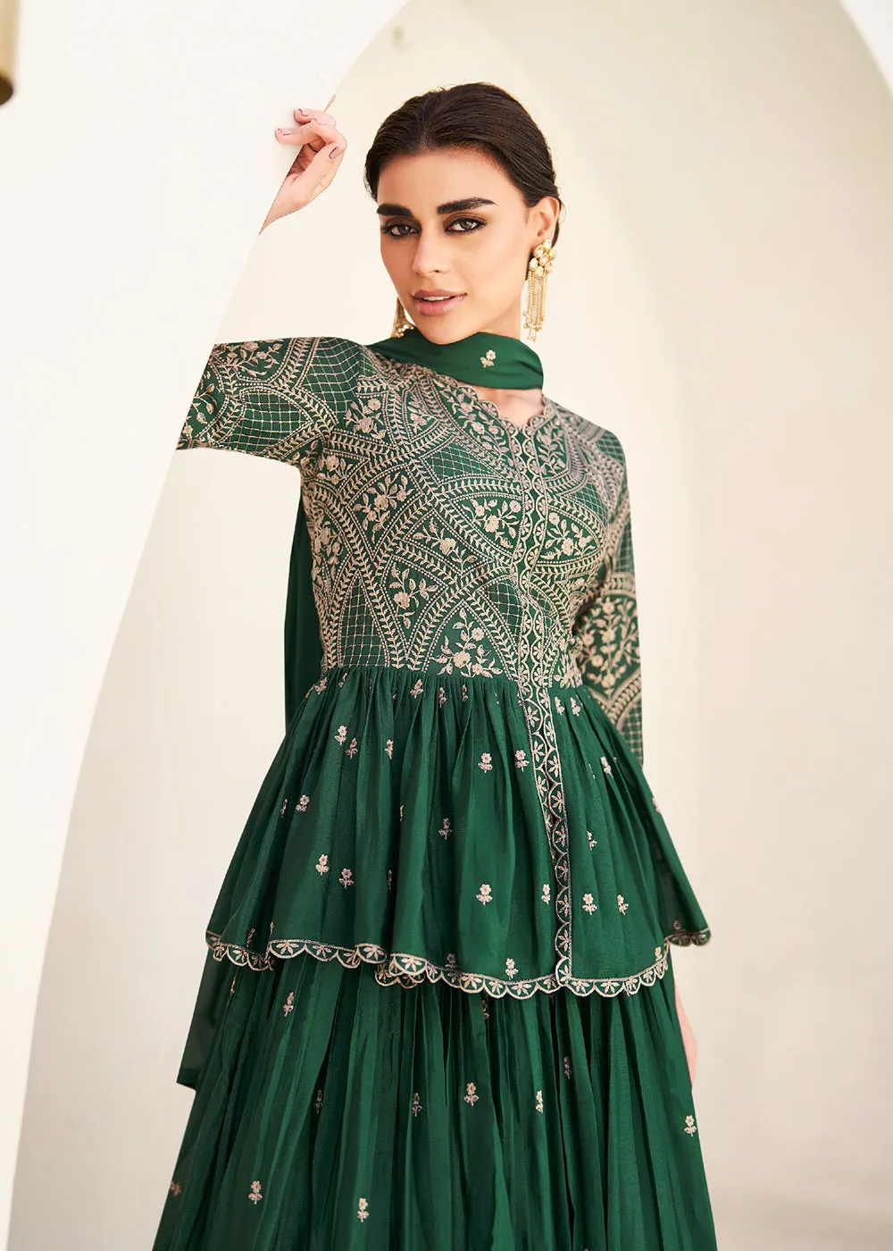 Green Embroidered Wedding Party Lehenga Skirt Suit
