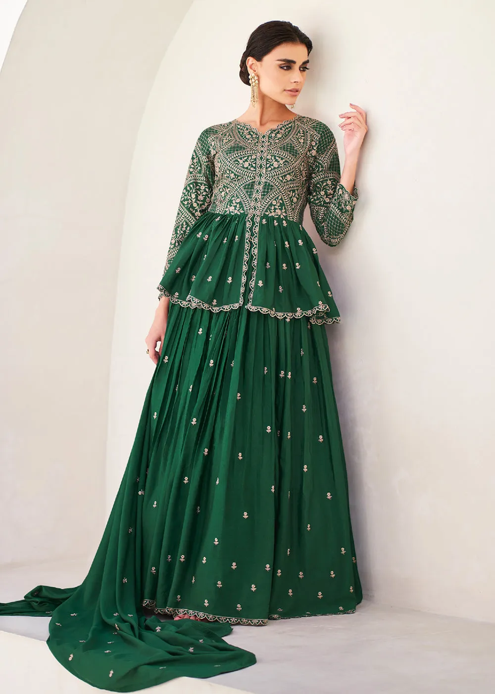 Green Embroidered Wedding Party Lehenga Skirt Suit
