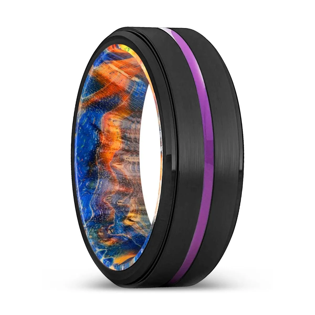 HERVEY | Blue & Yellow/Orange Wood, Black Tungsten Ring, Purple Groove, Stepped Edge