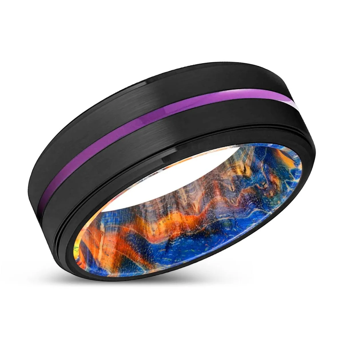 HERVEY | Blue & Yellow/Orange Wood, Black Tungsten Ring, Purple Groove, Stepped Edge