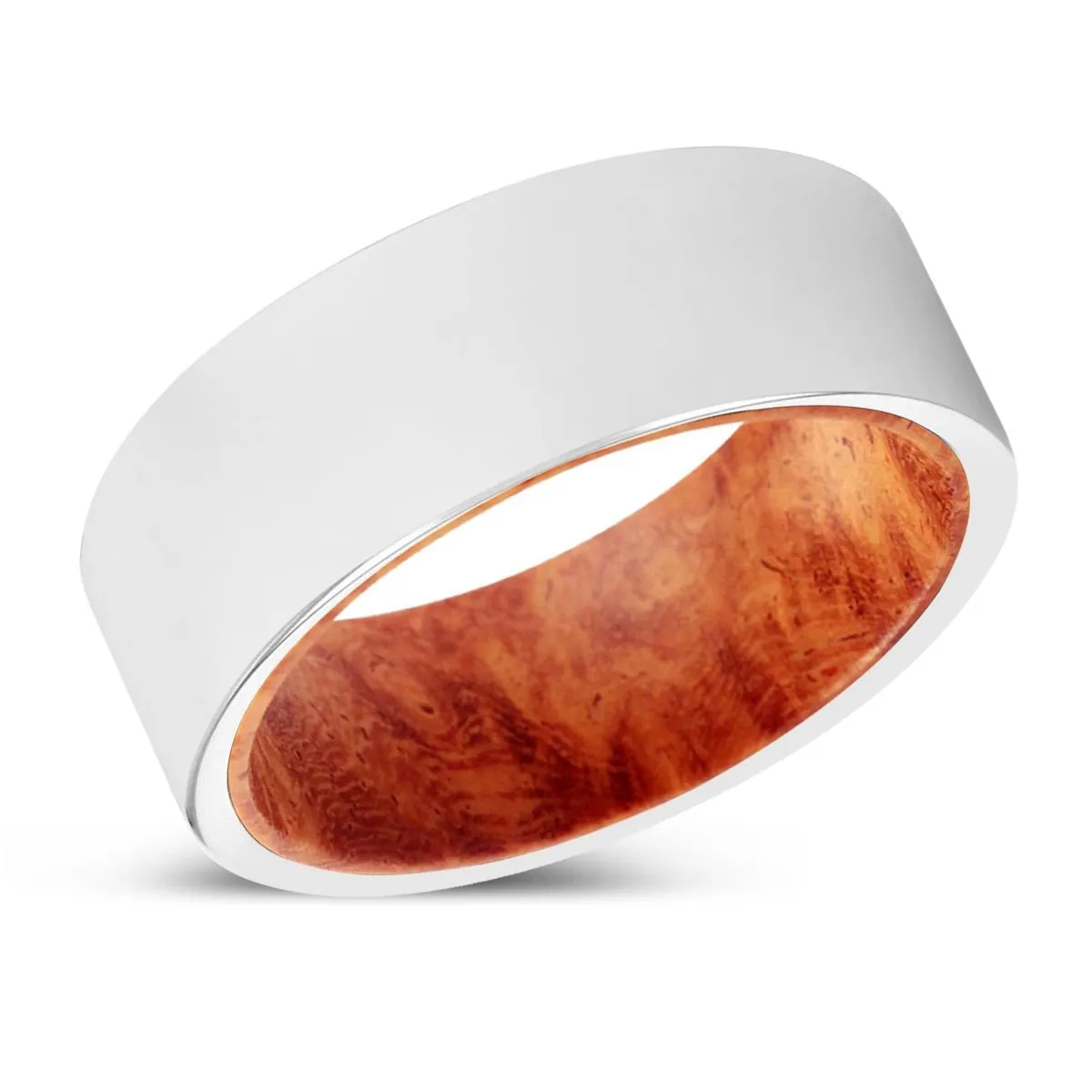 HILARIO | Red Burl Wood, Silver Tungsten Ring, Shiny, Flat
