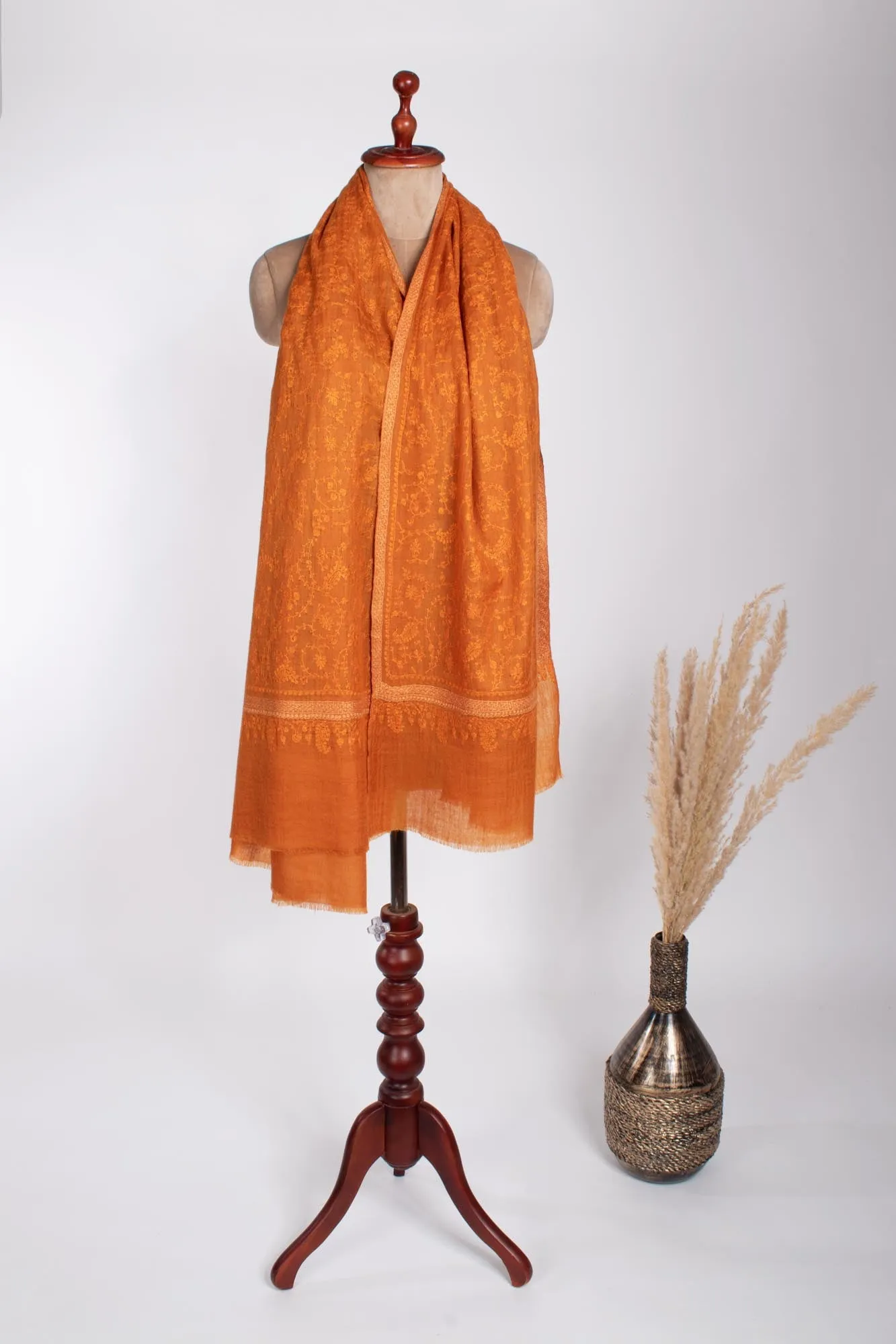 Orange Hashia With Jali Hand Embroidered Pashmina Wrap - PURBECK