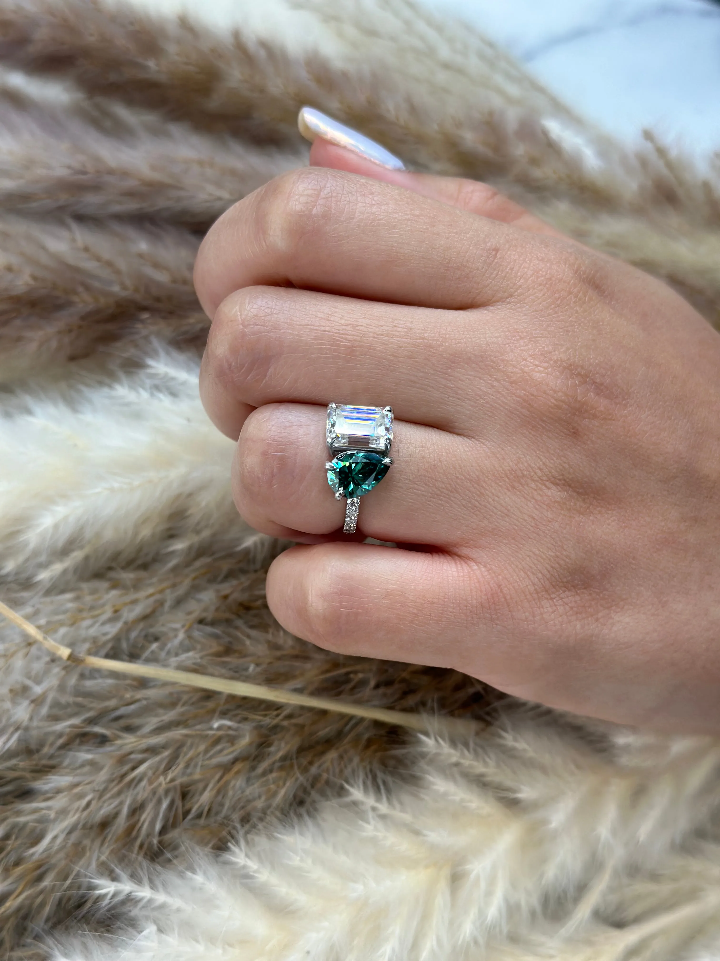 Pavia - Toi Et Moi Emerald & Green Pear Shape Engagement Ring With Pave Band