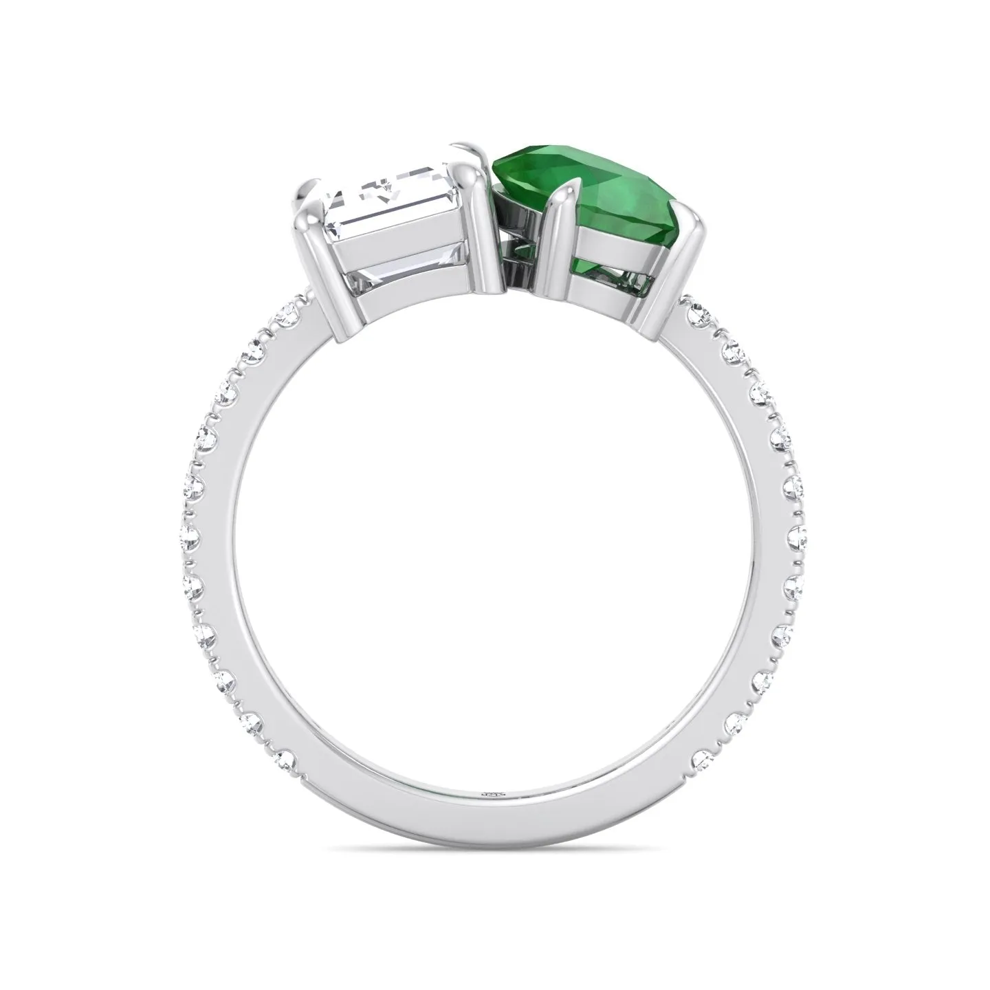 Pavia - Toi Et Moi Emerald & Green Pear Shape Engagement Ring With Pave Band