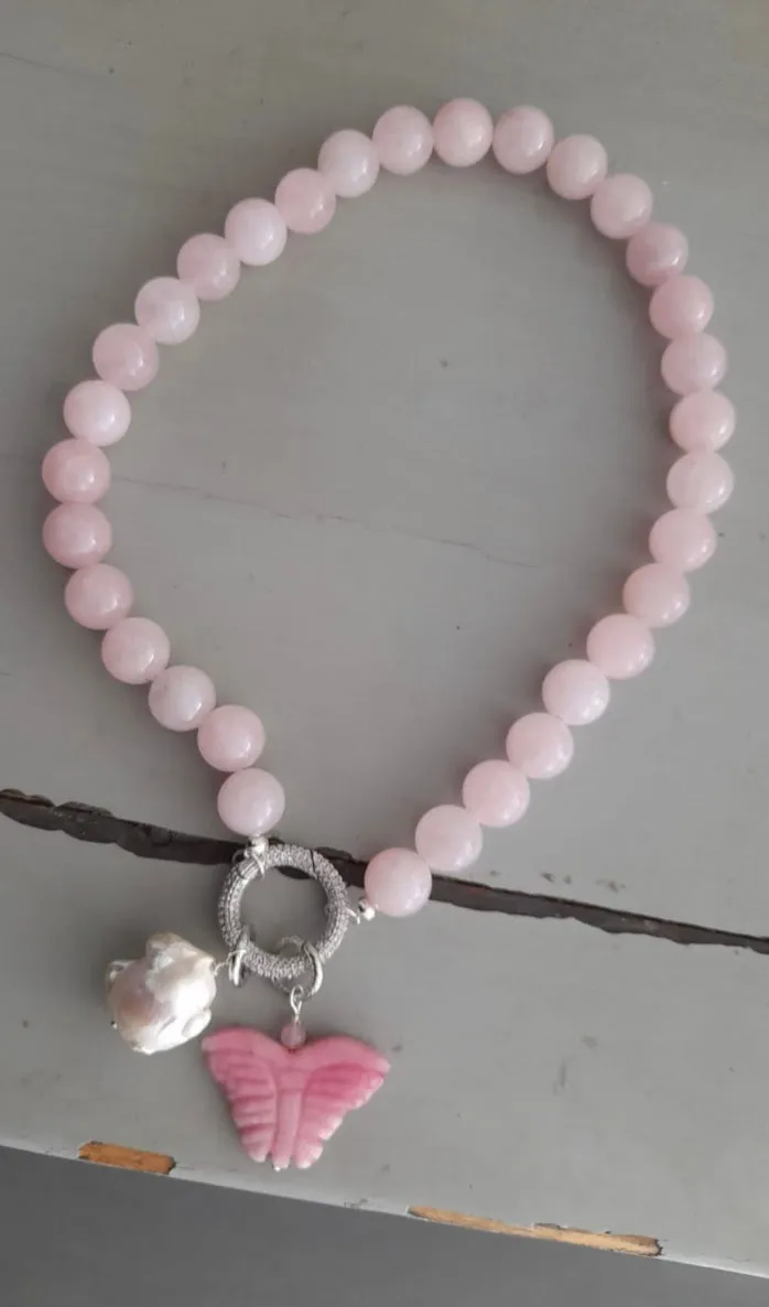 Pink gemstone butterfly necklace